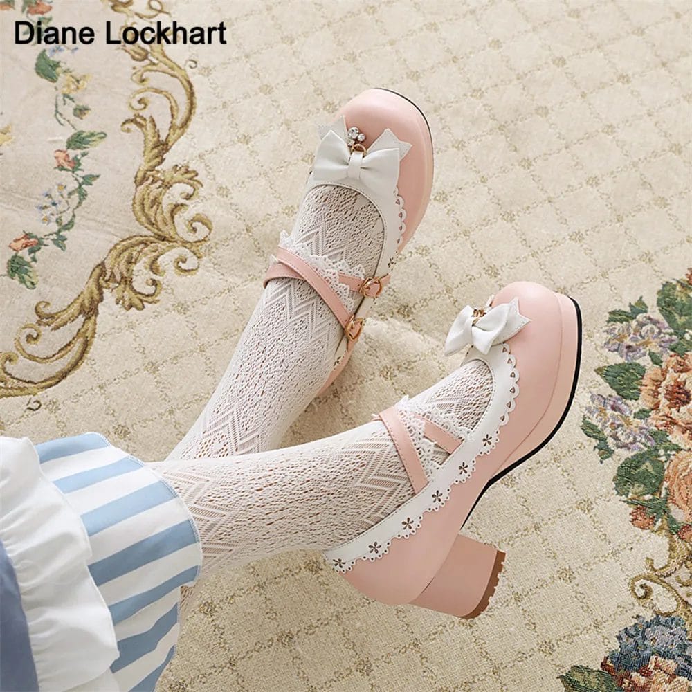 Sweet Lolita Princess Mary Janes Shoes Bowtie Lace Ruffles Cross Tied Strappy Cosplay Uniform Pumps Women Wedding Party Girls 1