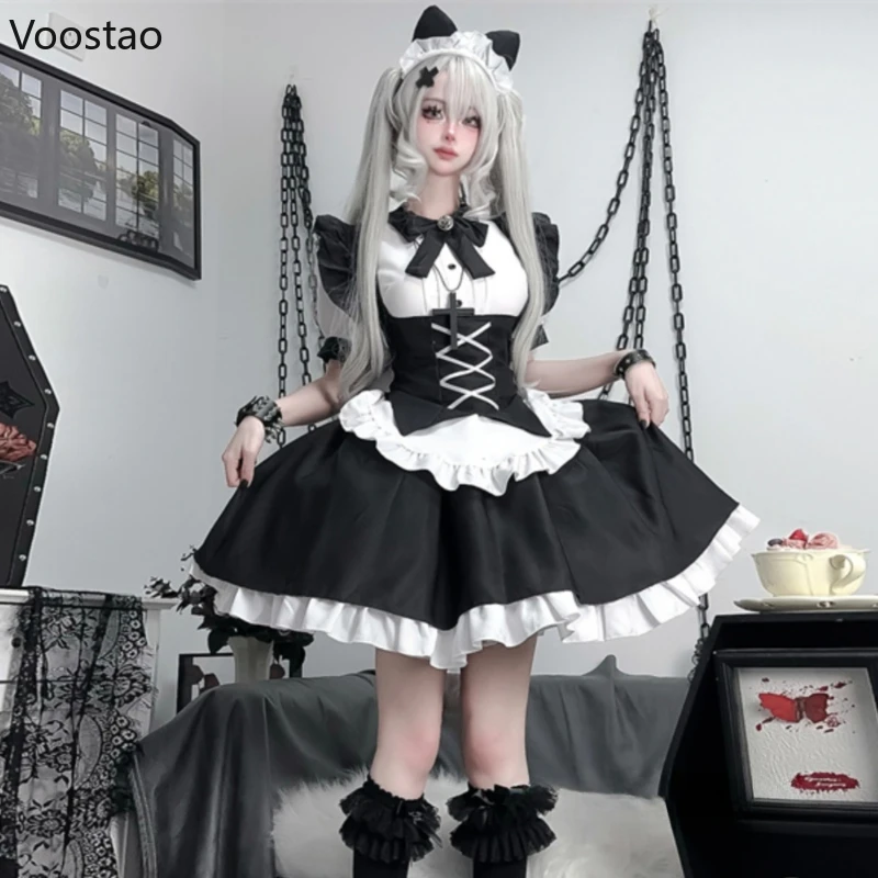 Japanese Gothic Lolita Dress Women Y2k Halloween Maid Cosplay Costumes Party Dresses Girl Sweet Anime Role Play Uniform Set New 1
