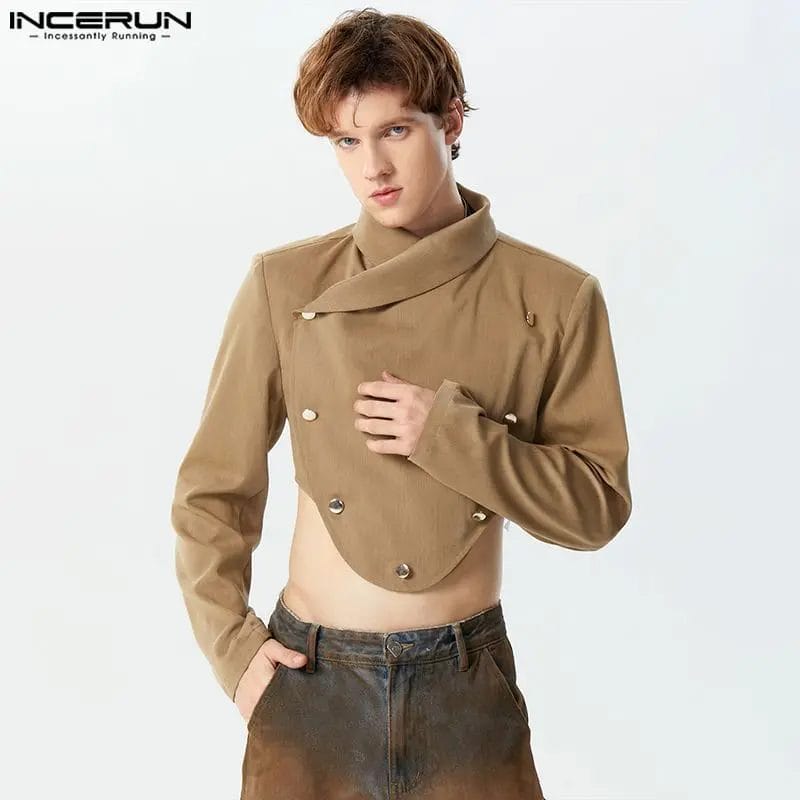 INCERUN 2024 Men's Irregular Jackets Lapel Long Sleeve Double Breasted Coats Streetwear Solid Fashion Casual Male Crop Jackets 1
