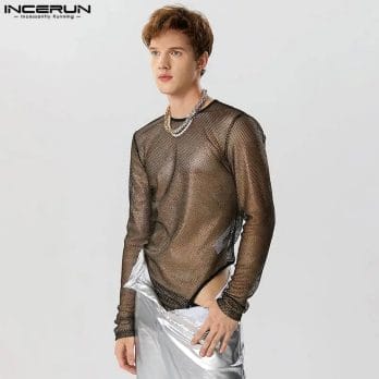 INCERUN 2023 Men Bodysuits Mesh Transparent O-neck Long Sleeve Bodysuit Sexy T Shirts Men Solid Streetwear Fashion Rompers S-5XL 3
