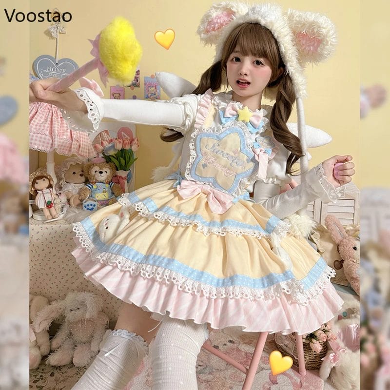 Japanese Sweet Lolita Dress Sets Women Cute Bunny Lace Party Princess Dress White Blouse Suit Girls Kawaii Embroidery Bow Dress 1
