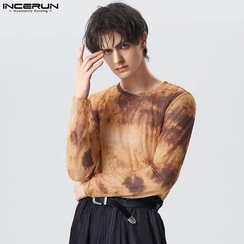 2023 Men T Shirt Tie Dye See Through O-neck Long Sleeve Streetwear Camisetas Fitness Pleated Fashion Casual Tee Tops Men INCERUN 1