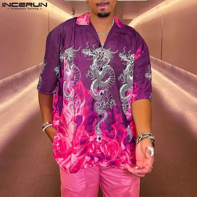 Men Shirt Printing Lapel Short Sleeve Streetwear Loose Men Clothing Summer 2024 Breathable Fashion Casual Camisas S-5XL INCERUN 1