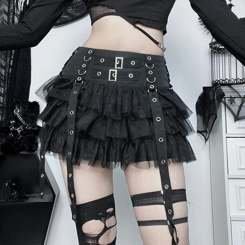 Gothic Dark Harajuku Streetwear Skirt Women Cyberpunk Y2k E-girl Hip Hop Eyelet Ribbons Mesh Patchwork Cake Skirt Female 1