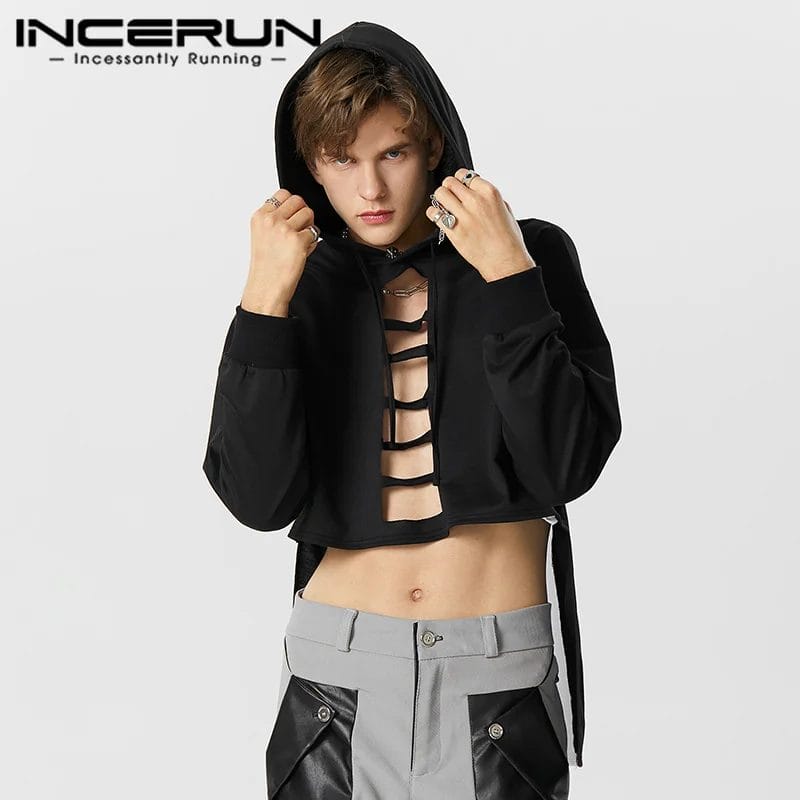 2024 Fashion Men Irregular Hoodies Patchwork Hooded Long Sleeve Hollow Out Sweatshirts Streetwear Casual Male Pullovers INCERUN 1