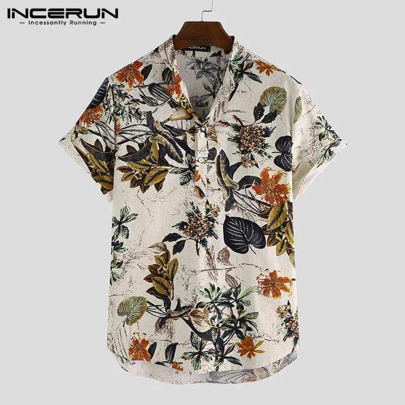 INCERUN Men Hawaiian Shirt Printing Short Sleeve Stand Collar 2023 Casual Vacation Men Clothing Streetwear Cotton Shirts S-3XL 1