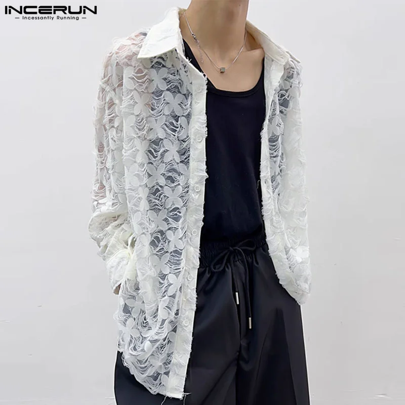 INCERUN Men Shirt Lace Patchwork Transparent Lapel Long Sleeve Men Clothing Streetwear 2024 Jacquard Sexy Fashion Shirts S-5XL 1