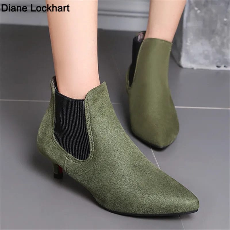 Women Ankle Boots Plus Size 34-43 Ladies Thin High Heels Female Flock Elastic Band 2022 Spring Autumn Classic Work Shoes 1