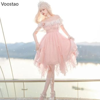 Japanese Kawaii Lolita Princess OP Dress Women Elegant Sweet Rose Lace Pearl Chain Pink Party Dresses Victorian Girl Fairy Dress 3