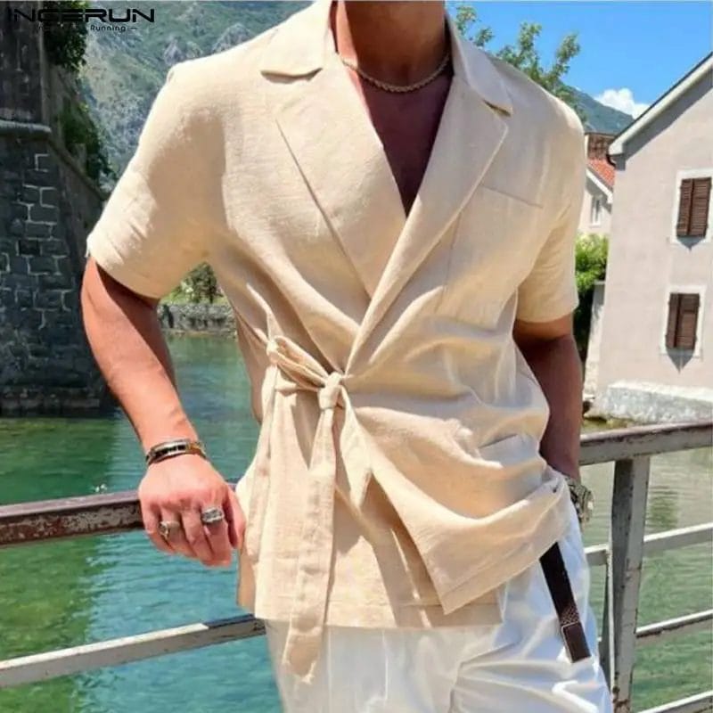 INCERUN Men Shirt Lapel Short Sleeve Lace Up Cotton Summer Casual Men Clothing Streetwear Solid Color 2023 Leisure Camisas S-5XL 1