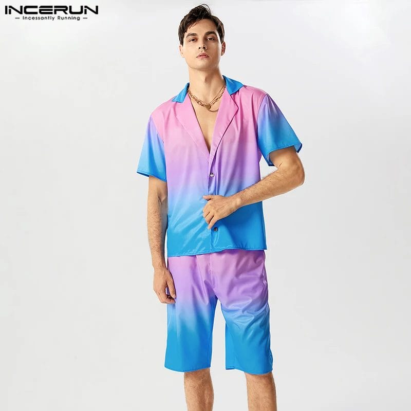 2023 Men Sets Tie Dye Gradient Streetwear Lapel Short Sleeve Shirt & Shorts 2PCS Vacation Loose Casual Men's Suits S-5XL INCERUN 1