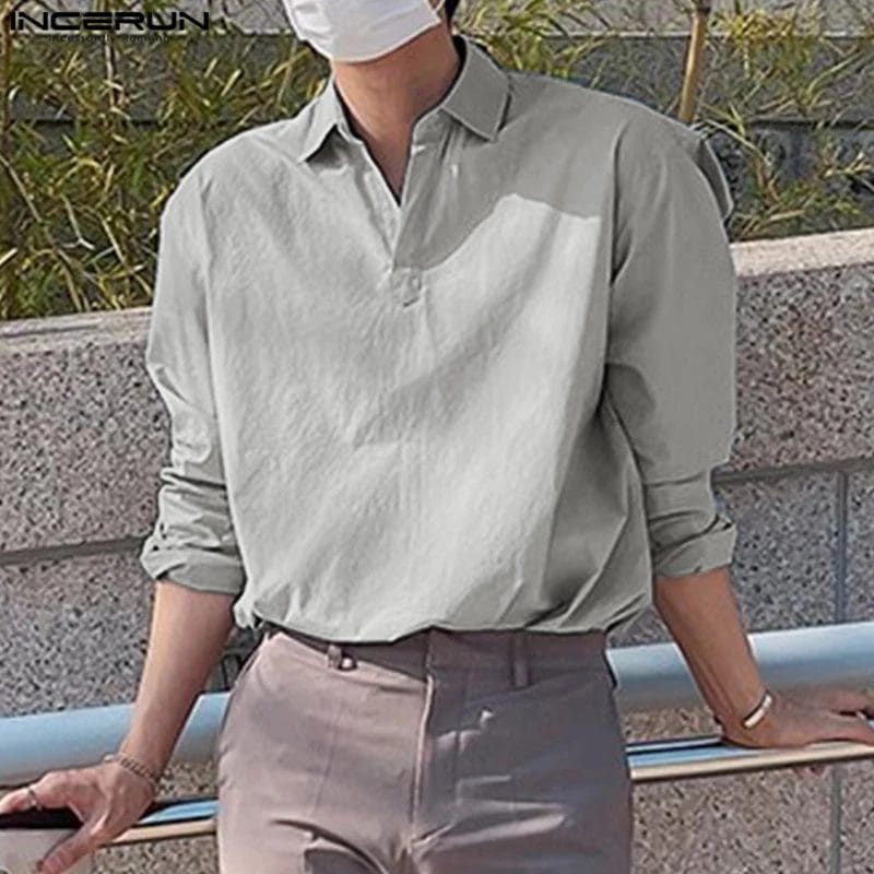 Men's Casual Shirt Lapel Long Sleeve Cotton Korean Style Men Clothing Streetwear Solid Color 2024 Fashion Shirts S-5XL INCERUN 1