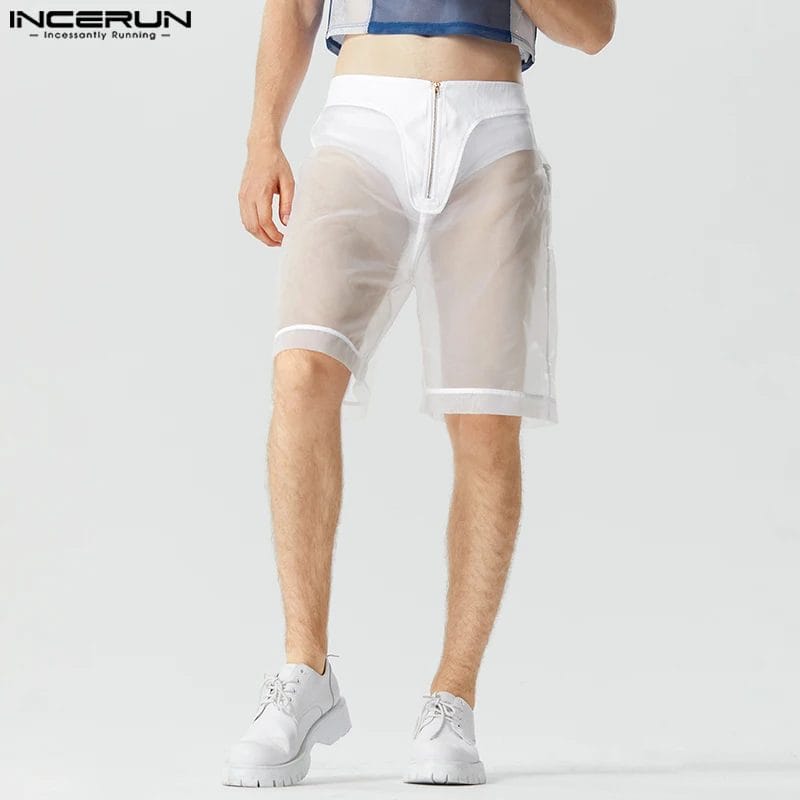 Men Shorts Loose Zipper Mesh Patchwork Transparent Streetwear Men Bottoms 2023 Summer Sexy Party Fashion Shorts S-5XL INCERUN 1