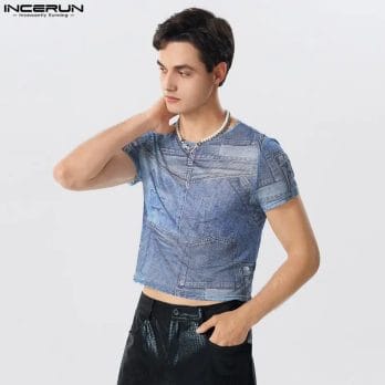 INCERUN Men T Shirt Printed Transparent O-neck Short Sleeve Sexy Tee Tops Streetwear 2024 Fitness Summer Fashion Crop Tops S-5XL 3