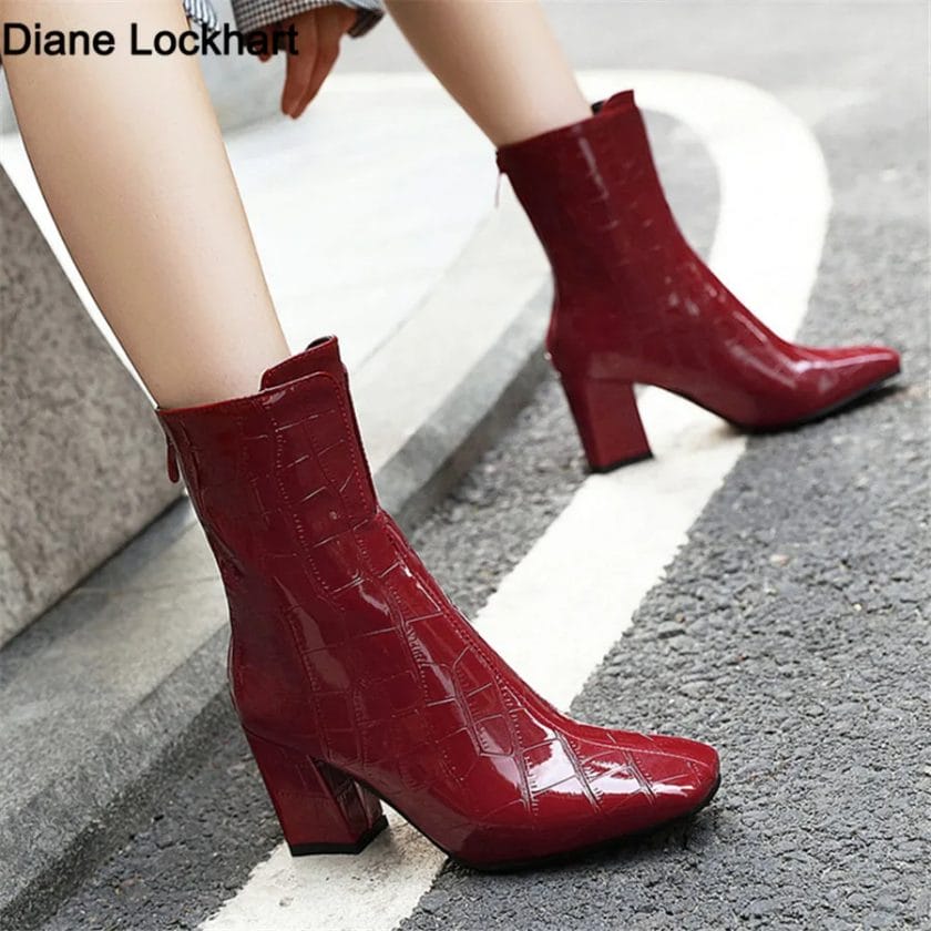 2023New Women Ankle Boots Female Zip Autumn Winter PU Leather Square Toe Ladies Chelsea Boats High Heels Booties White Red Black 1
