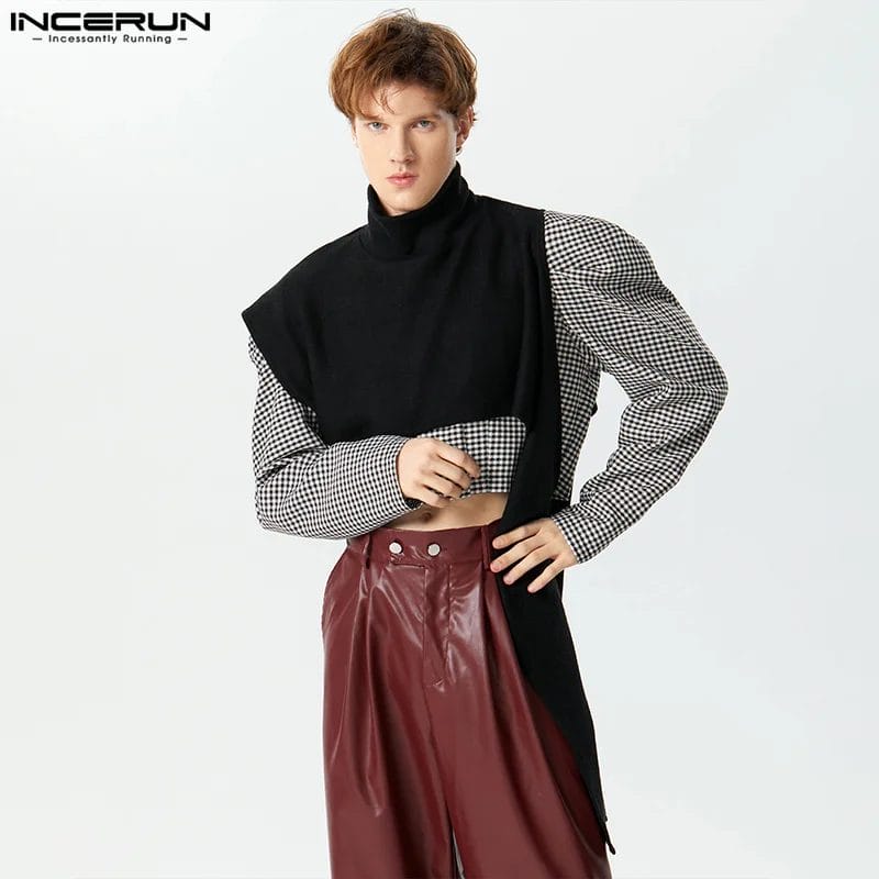 2023 Men Irregular Sweater Vests Solid Turtleneck Streetwear Sleeveless Crop Tops Men Knitted Fashion Casual Waistcoats INCERUN 1