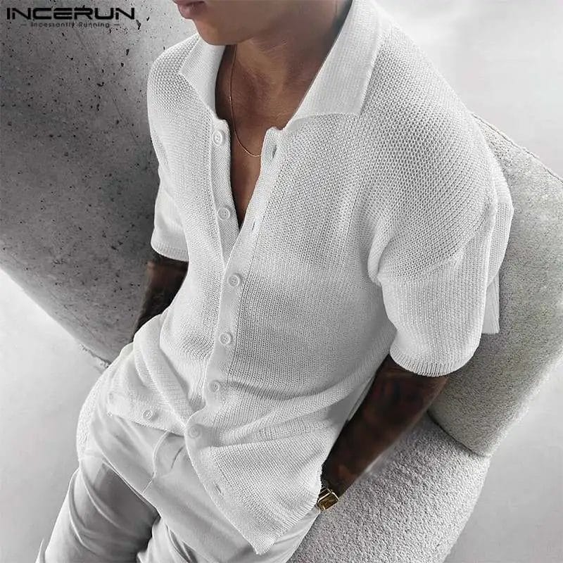 Men Shirt Solid Knitted Lapel Transparent Short Sleeve Stylish Men Clothing Streetwear Summer 2023 Casual Thin Shirts INCERUN 1
