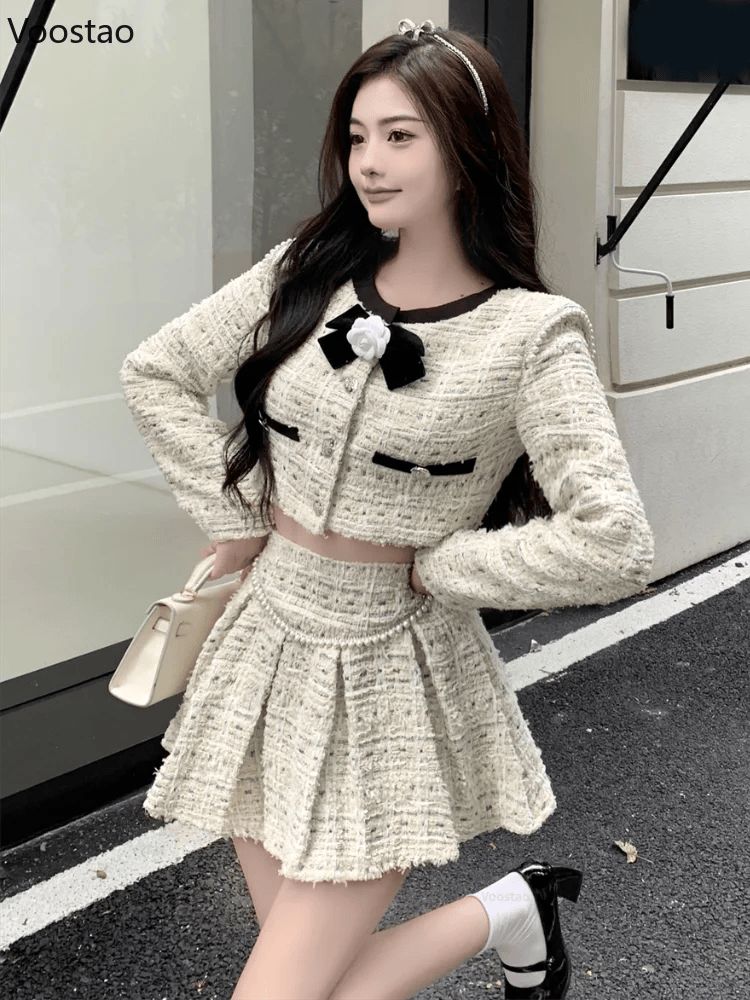 Autumn Winter Elegant Tweed Plaid Skirt Sets Women Sweet O-Neck Flower Bow Jackets Short Tops Mini Pleated Skirts Korean Outfits 1